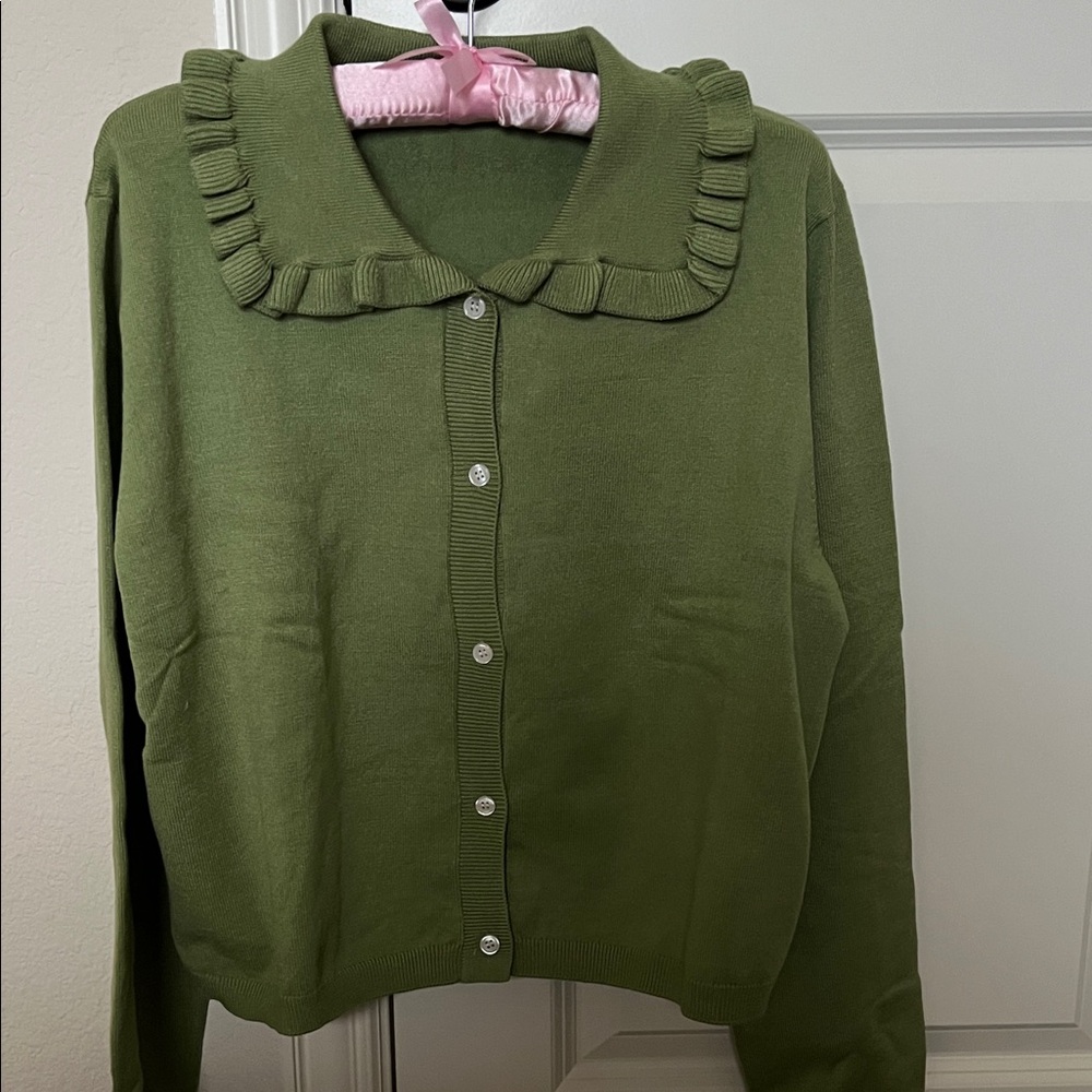 Amazon Green Ruffle Trim Cardigan